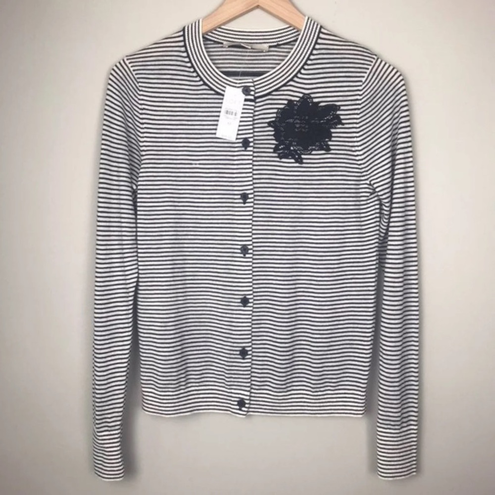 LOFT Black and White Striped Embroidered Flower Cardigan